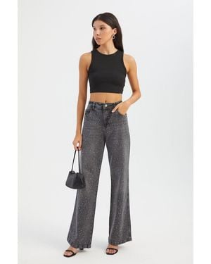 Hiccup Stone Embellished Mid Rise Wide Leg Jeans - White