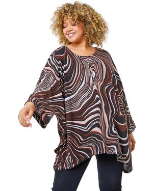 Roman Curve Swirl Print Batwing Tunic Top - Brown