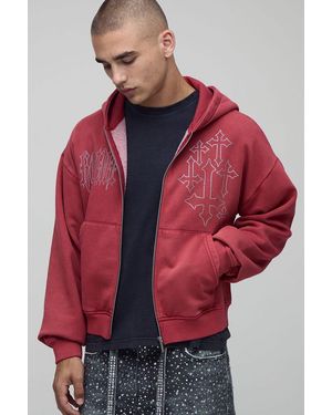 BoohooMAN Shrunken Fit Washed Cross Diamante Zip Through Hoodie - Red