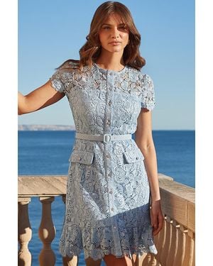 Sosandar Lace Ruffle Hem Dress With Embellished Buttons - Blue