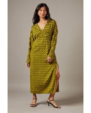 Warehouse Fluffy Plunge Neck Batwing Midi Dress - Green