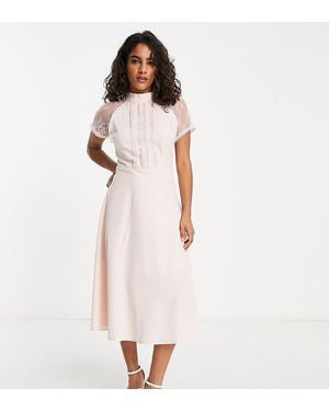 Liquorish Petite A Line Lace Detail Midi Dress - White