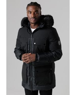 Nines Padded Parka Jacket With Faux Fur-Lined Hood - Black