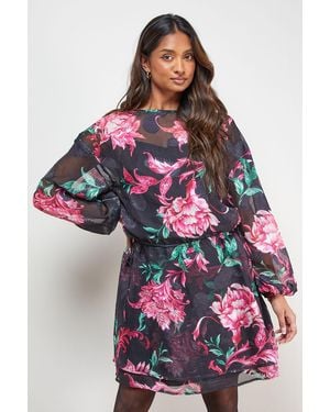 Oasis Printed Boho Tie Sleeve Mini Dress - Red
