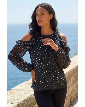 Roman Spot Print Frill Cold Shoulder Top - Black