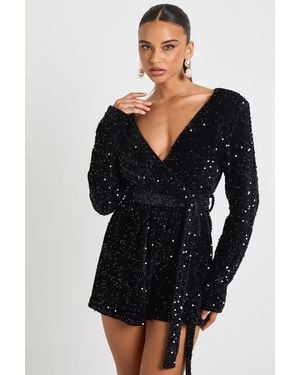 Boohoo Velvet Sequin Wrap Playsuit - Black