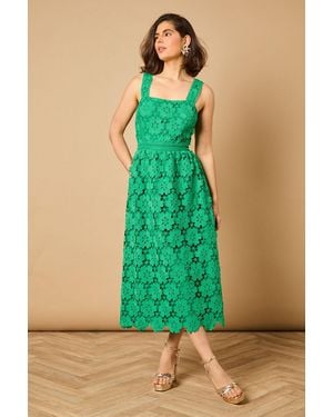Oasis Floral Lace Detail Square Neck Midi Dress - Green