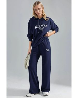 Hiccup Modal Touch Embroidered Hooded Two-Piece Set - Blue