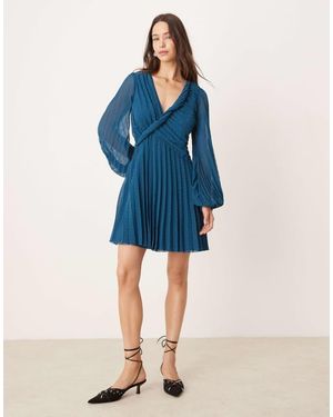 ASOS Twist Detail Wrap Front Pleated Mini Dress - Blue