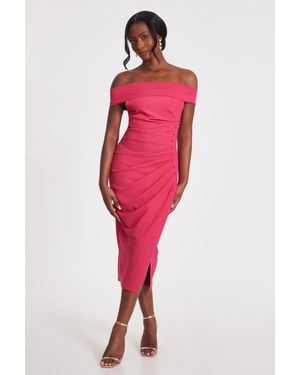 Quiz Bardot Ruched Midi Dress - Red
