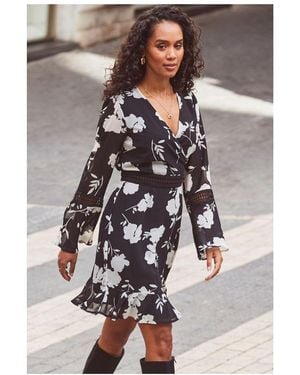 Sosandar Floral Print Lace Trim Faux Wrap Dress - Black