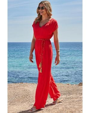 Sosandar Coral Wide Leg Crinkle Jumpsuit With Tassel Belt - Red