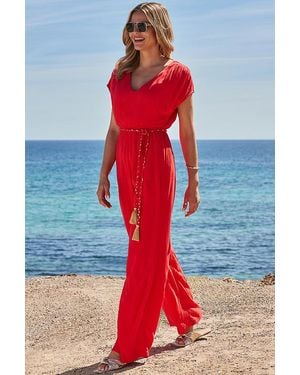 Sosandar Coral Wide Leg Crinkle Jumpsuit With Tassel Belt - Red