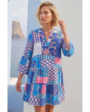 Roman Patchwork Print Swing Dress - Blue