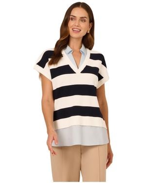 Adrianna Papell Rugby Striped V-Neck Vest Twofer Jumper W/ Woven Combo - Multicolour