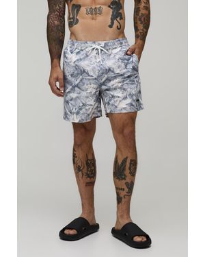 BoohooMAN Camo Embroidered Mid Length Swim Short - Grey