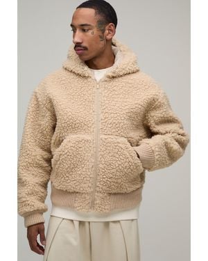 BoohooMAN Boxy Fit Chunky Borg Knit Rib Hooded Jacket - Natural