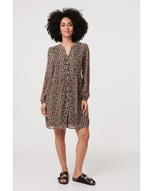 Izabel London Animal Print Long Sleeve Short Dress - Natural