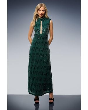 Oasis Sequin Lace Insert High Neck Shoulder Pad Midi Dress - Green