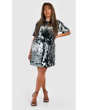 Boohoo Plus Disc Sequin Oversized T-Shirt Party Dress - Metallic