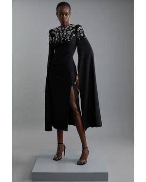 Karen Millen Compact Stretch Viscose Crystal Embellished Cape Maxi Dress - Black