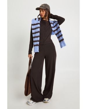 Boohoo Rib Button Through Long Sleeve Top And Wide Leg Trouser Co-Ord - Blue
