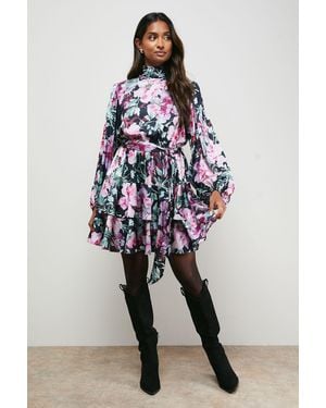 Oasis High Neck Printed Long Sleeve Mini Dress With Belt - Blue