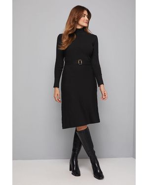 Wallis Rib Detail High Neck Belted Knitted Dress - Black