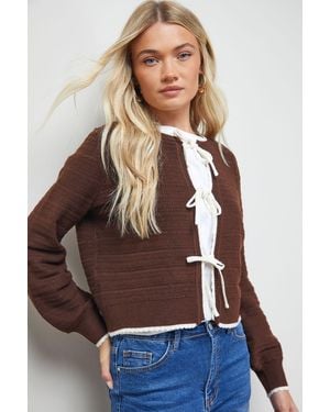 Oasis Contrast Tie Detail Cardigan - Brown