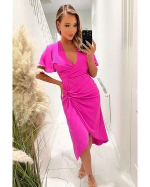 AX Paris Hot Short Sleeve V-Neck Buckle Wrap Midi Dress - Pink