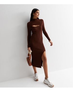 Gini London Chocoladebruine Midi-jurk Met Ribbels En Uitsnijdingen
