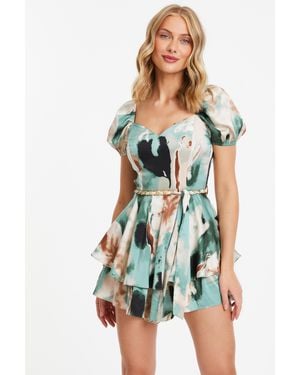 Quiz Sage Marble Print Satin Puff Sleeve Playsuit - Blue