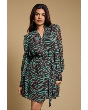 Oasis Petite Printed Chiffon Button Up Belted Waist Mini Dress - Blue
