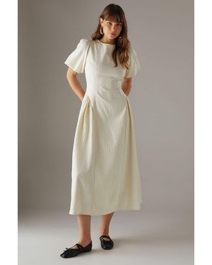 Warehouse Seersucker Organza Godet Side Puff Sleeve Midi Dress - Natural