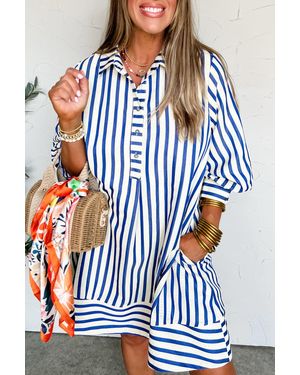 Azura Exchange Striped Buttonup Shirt Dress - Blue