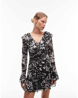 TOPSHOP V Neck Ruffle Mini Tea Dress - Black