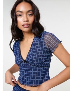 Pink Vanilla Check Cap Sleeve Crop Top - Blue