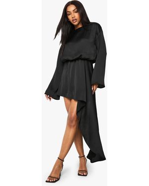 Boohoo Boat Neck Blouson Drape Mini Dress - Black