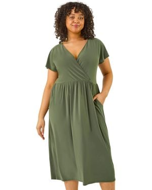 Roman Curve Wrap Front Stretch Dress - Green