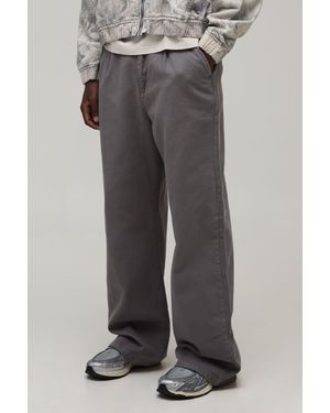 BoohooMAN Wide Fit Half & Waistband Washed Twill Trouser - Grey