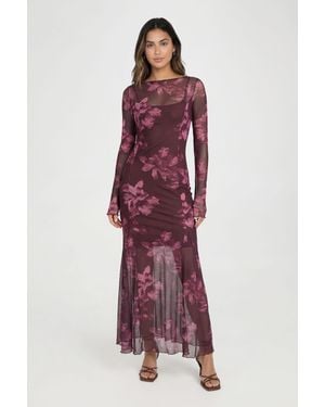 Boohoo Tall Slash Neck Floral Print Godet Hem Midaxi Dress - Red