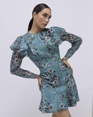 River Island Mini Dress Floral Ruffle Lyocell - Blue