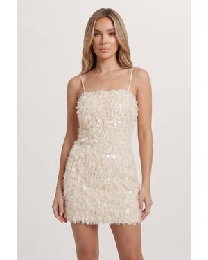 MissPap Textured Fluffy Sequin Mix Mini Dress - White