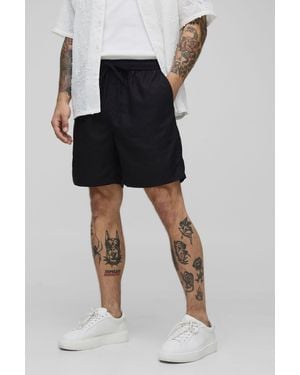 BoohooMAN Elasticated Waist Relaxed Fit Mid Length Linen Blend Short - Black