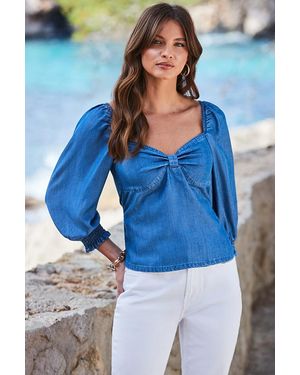 Sosandar Twist Front Denim Top - Blue