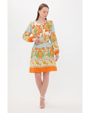 Hiccup Abstract Round Neck Buttoned Long Sleeve Mini Boho Dress - Orange
