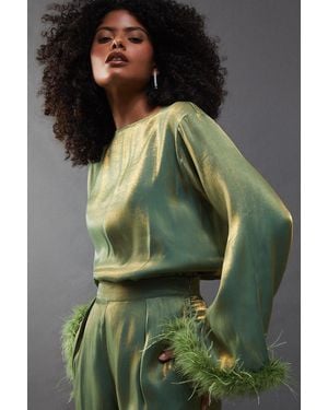 Warehouse Iridescent Satin Feather Cuff Relaxed Top - Green