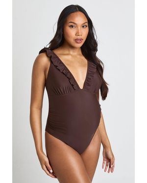 Boohoo Maternity Plunge Ruffle Swimsuit - Brown