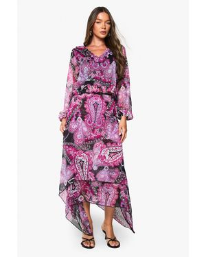 Boohoo Paisley Chiffon Hanky Hem Midi Skirt - Purple