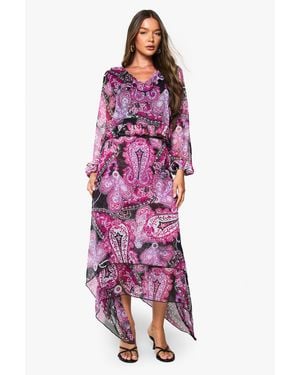 Boohoo Paisley Chiffon Hanky Hem Midi Skirt - Purple